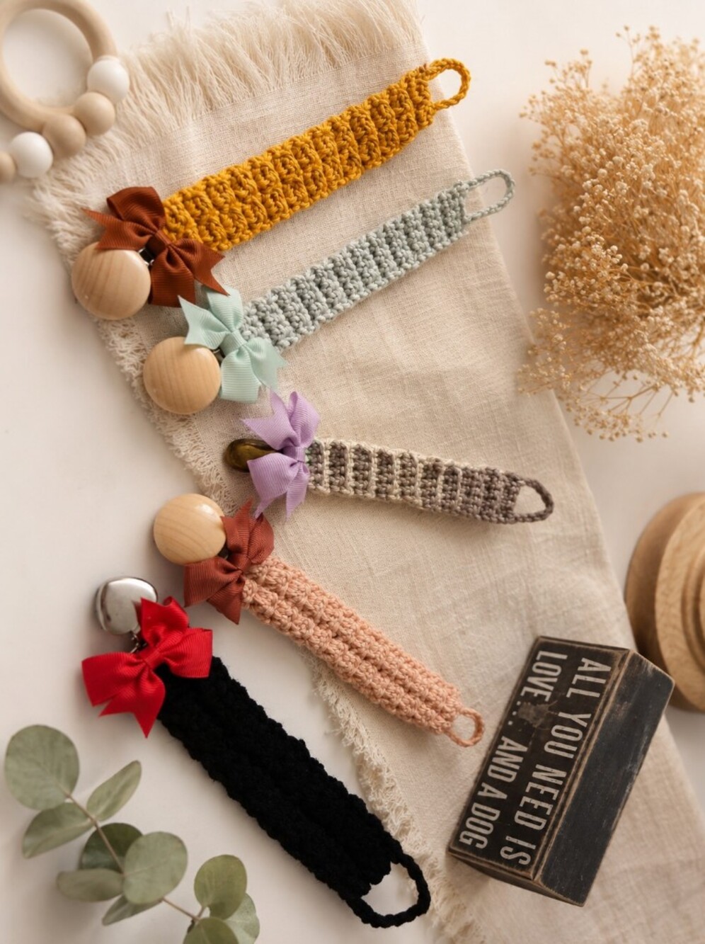 Handmade Crochet Pacifier Clips with Wooden & Metal Accents - Pastel & Neutral